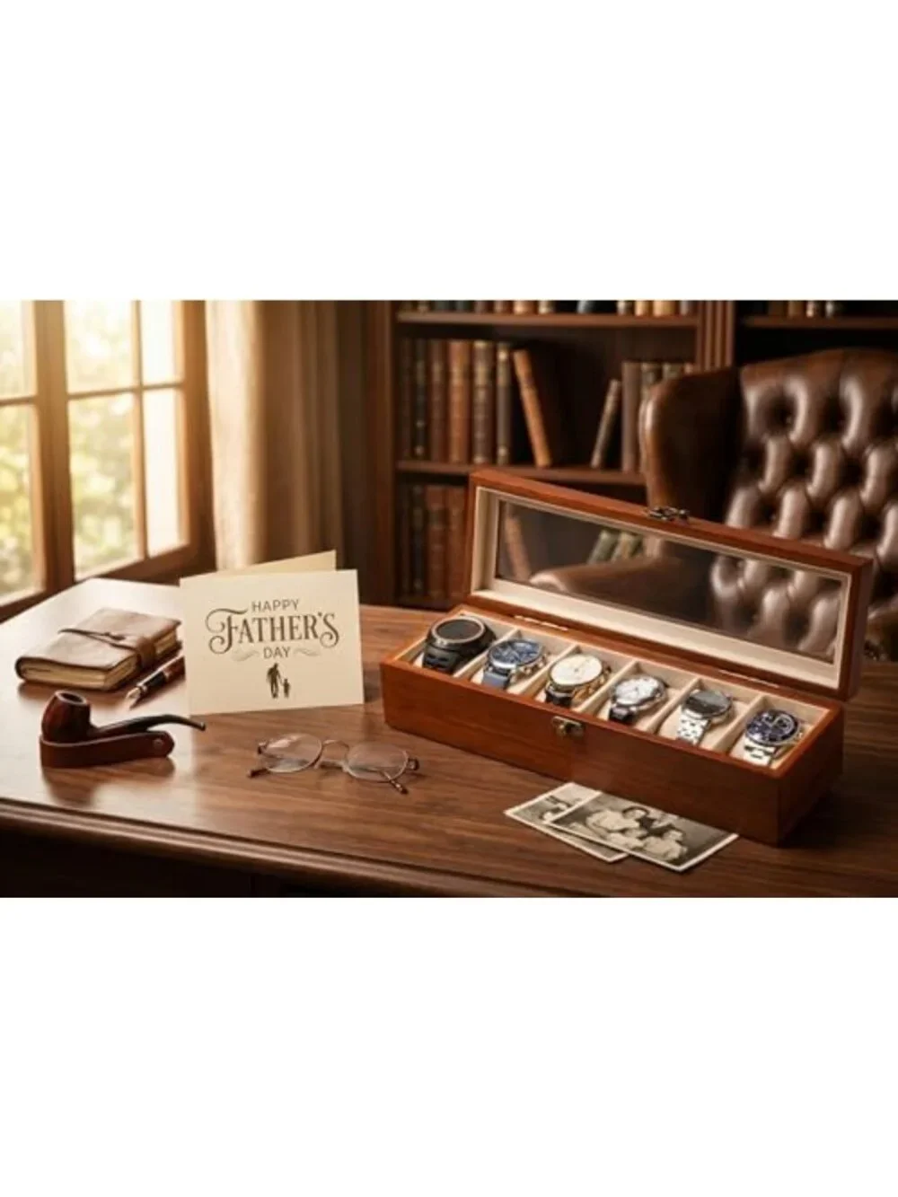 Stylish Wooden Watch Box Organizer with Glass Lid - 6-Slot Storage for Men